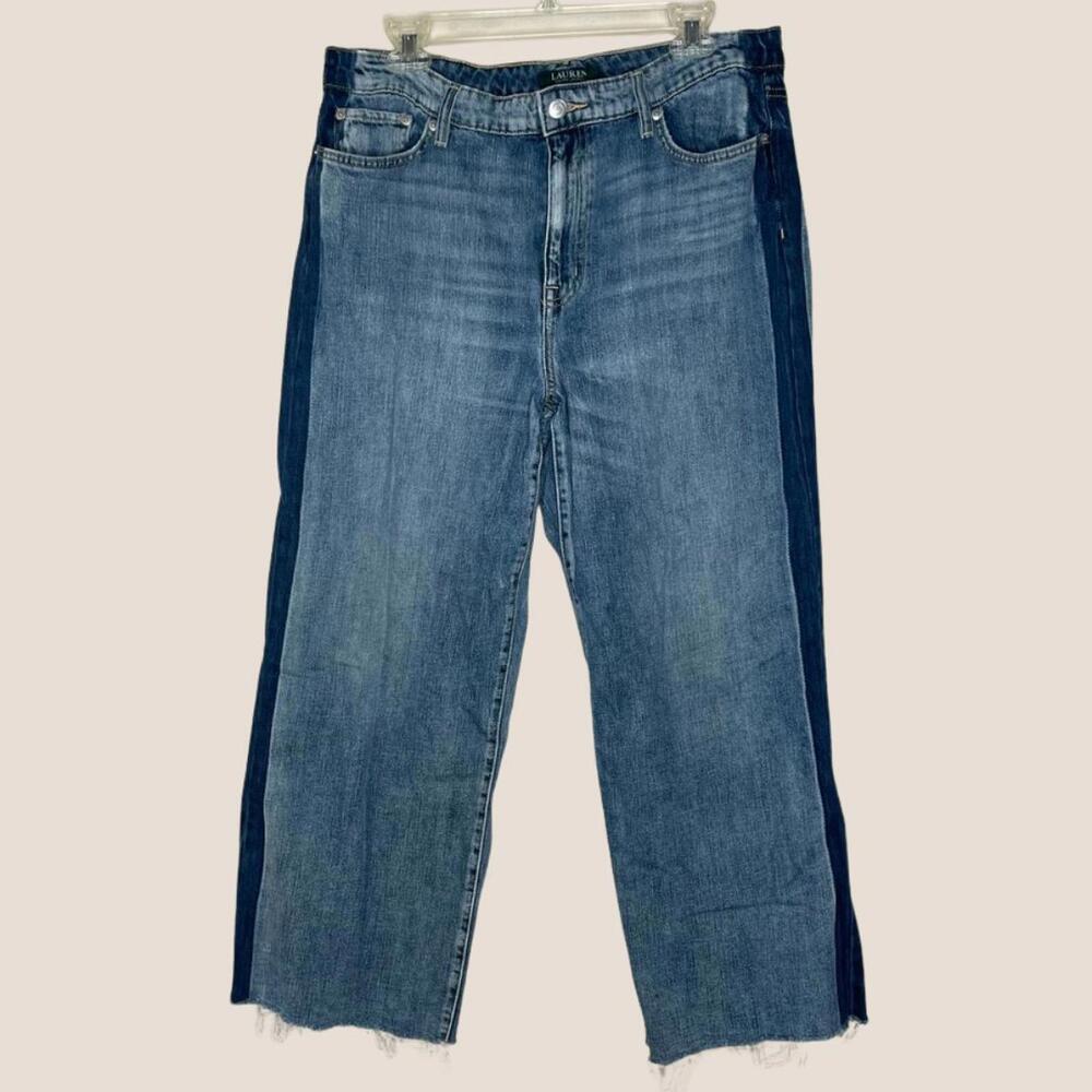 Lauren Ralph Lauren Wide Leg Stripe Crop Raw Hem Jeans Light Wash Size 12